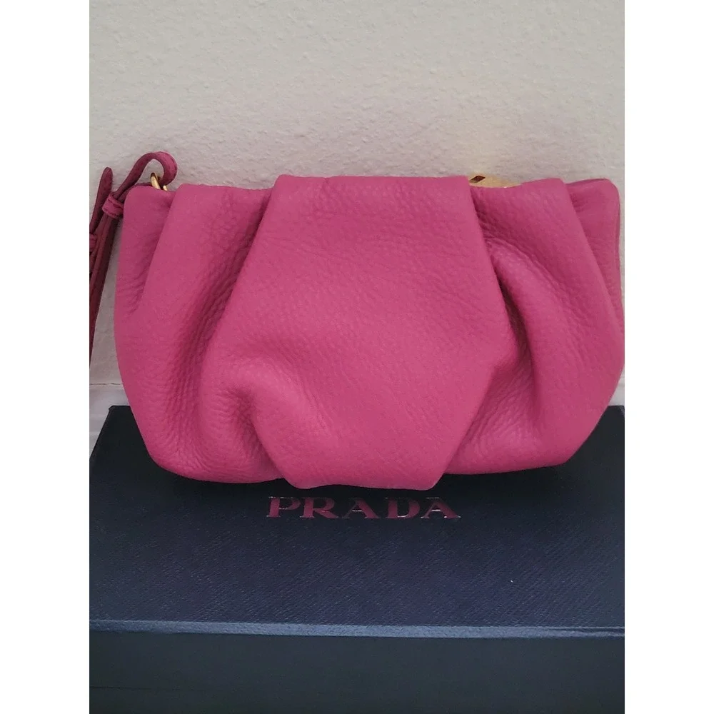 Prada Vitello Daino Peonia Pink Pebbled Leather Pleated Wristlet Clutch 1N1422